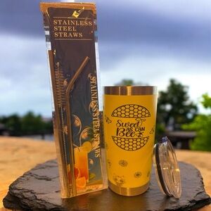 Yellow Stainless Steel Tumbler with Straw Set
